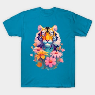 Tropical Tiger with Flowers Design T-Shirt